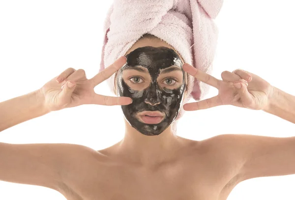 Krásná Dívka Černým Kosmetická Maska Pojetí Krásy Izolované Bílém Pozadí — Stock fotografie