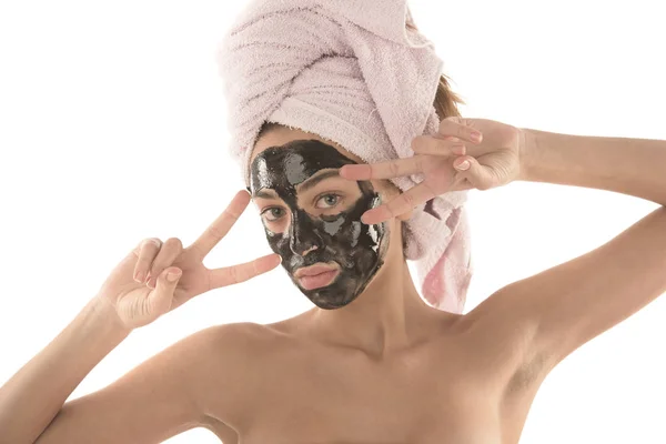 Mooi Meisje Met Zwarte Cosmetische Gezichtsmasker Beauty Concept Geïsoleerd Witte — Stockfoto