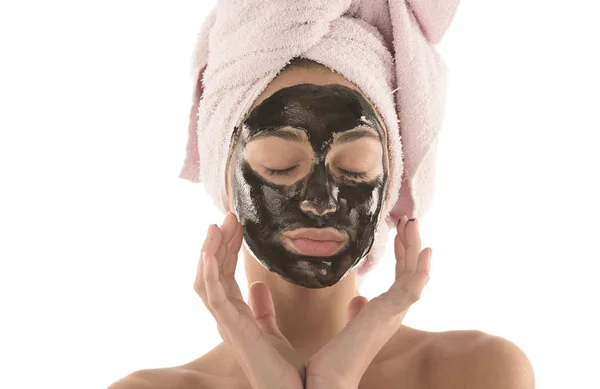 Piękna Dziewczyna Czarna Maska Kosmetycznych Twarzy Pojęcie Piękna Białym Tle — Zdjęcie stockowe