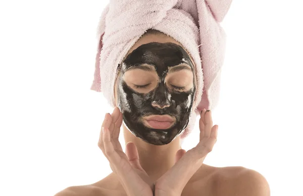 Hermosa Chica Con Máscara Cosmética Facial Negro Concepto Belleza Aislado — Foto de Stock