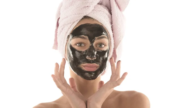 Hermosa Chica Con Máscara Cosmética Facial Negro Concepto Belleza Aislado — Foto de Stock