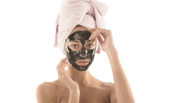 Beautiful Girl Black Facial Cosmetic Mask Beauty Concept Isolated White — Stock Photo, Image