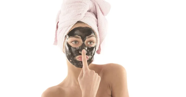 Beautiful Girl Black Facial Cosmetic Mask Beauty Concept Isolated White — Stock Photo, Image