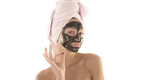 Beautiful Girl Black Facial Cosmetic Mask Beauty Concept Isolated White — Stock Photo, Image