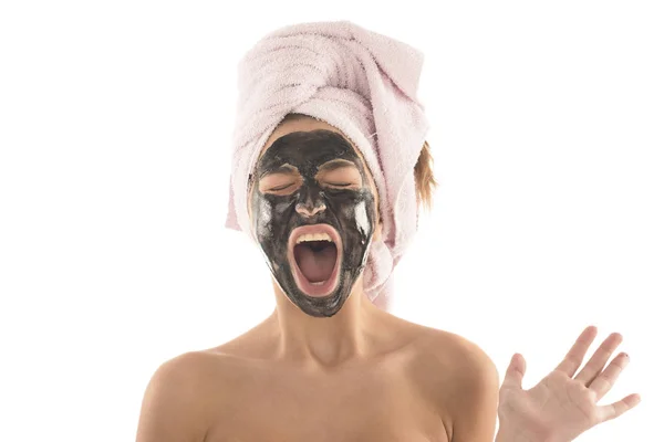 Mooi Meisje Met Zwarte Cosmetische Gezichtsmasker Beauty Concept Geïsoleerd Witte — Stockfoto