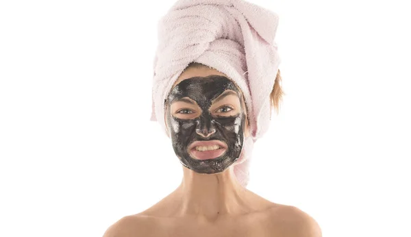 Mooi Meisje Met Zwarte Cosmetische Gezichtsmasker Beauty Concept Geïsoleerd Witte — Stockfoto