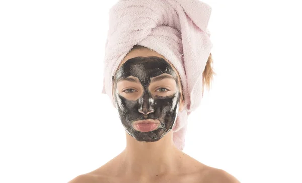 Mooi Meisje Met Zwarte Cosmetische Gezichtsmasker Beauty Concept Geïsoleerd Witte — Stockfoto