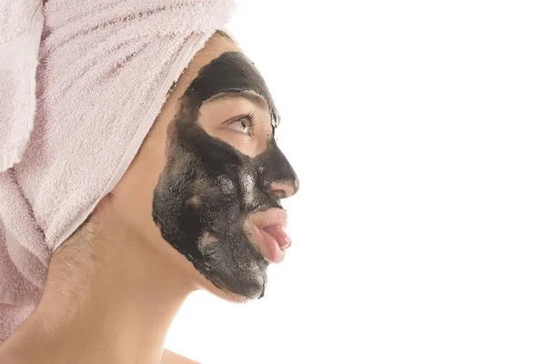 Mooi Meisje Met Zwarte Cosmetische Gezichtsmasker Beauty Concept Geïsoleerd Witte — Stockfoto