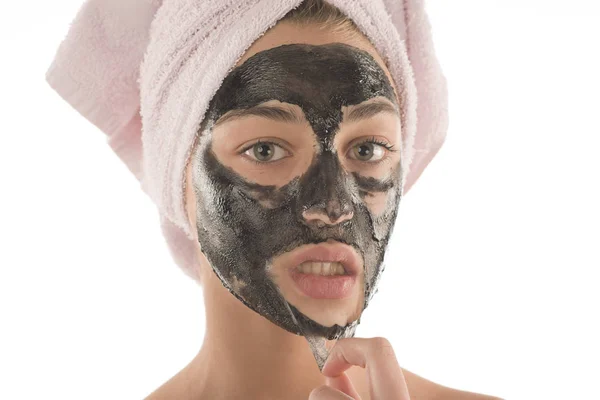 Black Facial Mask Beautiful Girl Piling Black Mask Beauty Concept — Stock Photo, Image