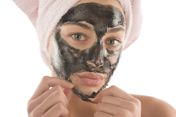 Black Facial Mask Beautiful Girl Piling Black Mask Beauty Concept — Stock Photo, Image