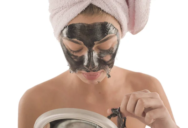 Black Facial Mask Beautiful Girl Piling Black Mask Beauty Concept — Stock Photo, Image