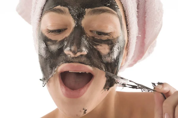 Zwart Masker Mooi Meisje Stapelen Uit Zwart Masker Beauty Concept — Stockfoto