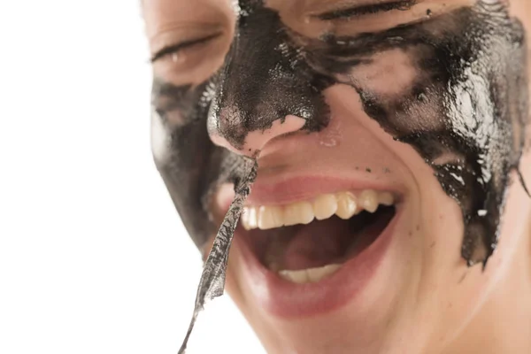 Maschera Facciale Nera Bella Ragazza Accatastamento Maschera Nera Concetto Bellezza — Foto Stock