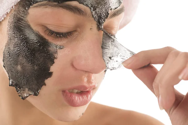 Black Facial Mask Beautiful Girl Piling Black Mask Beauty Concept — Stock Photo, Image