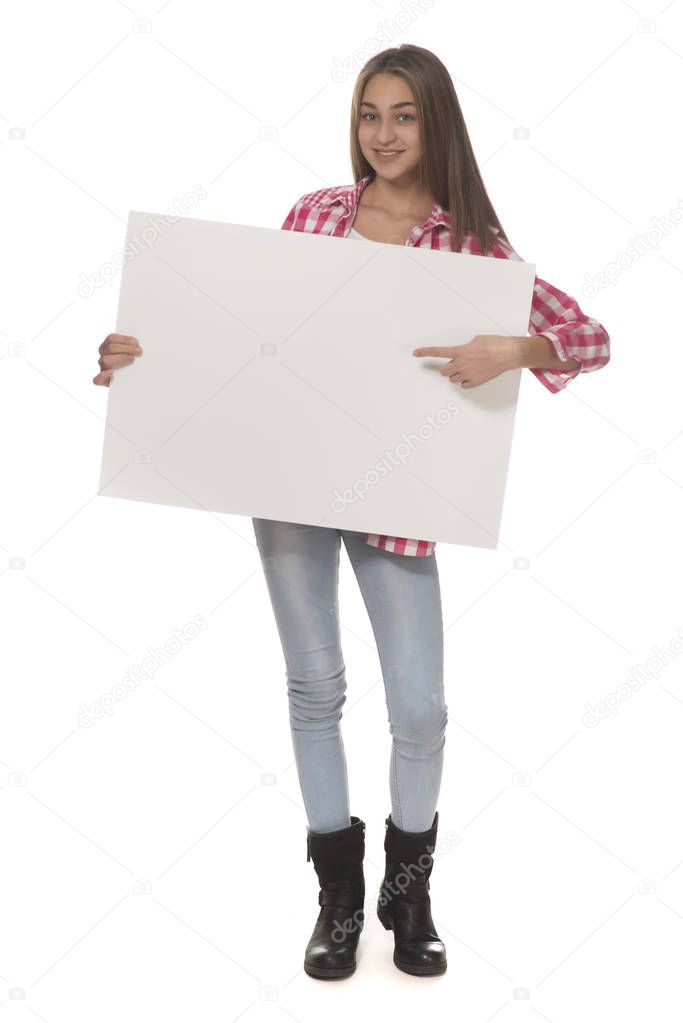 Young woman holding empty white board card. isolated on white