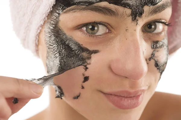 Zwart Masker Mooi Meisje Stapelen Uit Zwart Masker Beauty Concept — Stockfoto