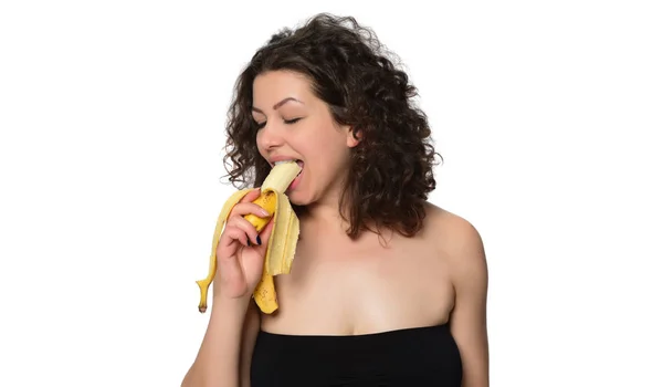 Beautiful Young Woman Eating Banana Isolated White Background — Stock Photo, Image