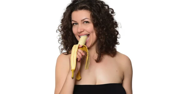 Schöne Junge Frau Beim Bananenessen Isoliert Auf Weißem Hintergrund — Stockfoto
