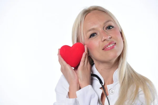 Young Female Doctor Holding Red Heart Isolated White Background — Stock Photo, Image