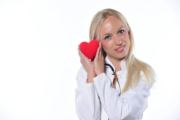 Young Female Doctor Holding Red Heart Isolated White Background — Stock Photo, Image