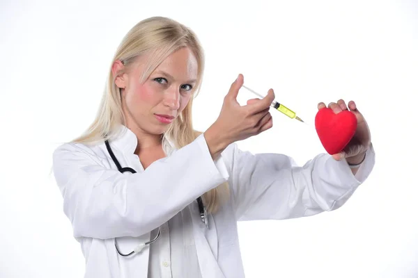 Young Female Doctor Making Injection Red Heart Isolated White Background — Stock Photo, Image