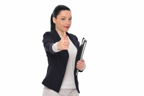 Schöne Geschäftsfrau Zeigt Daumen Hoch Isoliert Auf Weißem Hintergrund — Stockfoto