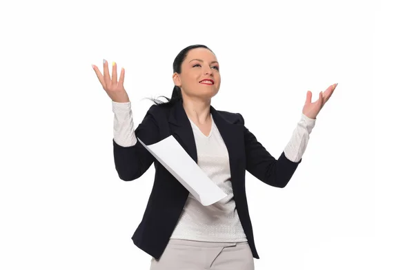 Papiery Trowing Kobieta Szczęśliwa Biznesowe Powietrzu Białym Tle — Zdjęcie stockowe