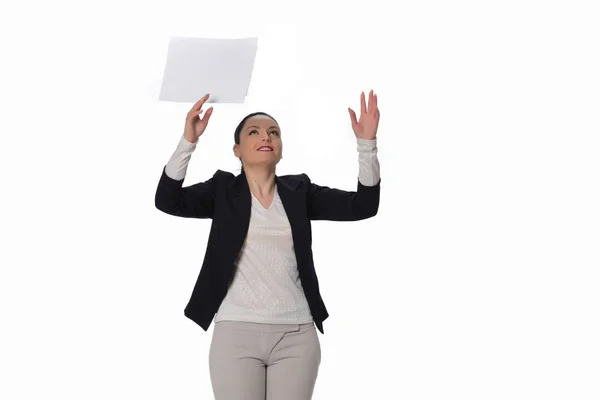 幸せなビジネス女性思い論文空気 白い背景に分離 — ストック写真