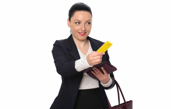 Schöne Geschäftsfrau Mit Brieftasche Und Kreditkarte Isoliert Auf Weißem Hintergrund — Stockfoto