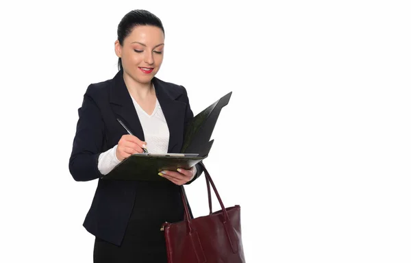 Schöne Geschäftsfrau Mit Tasche Und Klemmbrett Isoliert Auf Weißem Hintergrund — Stockfoto