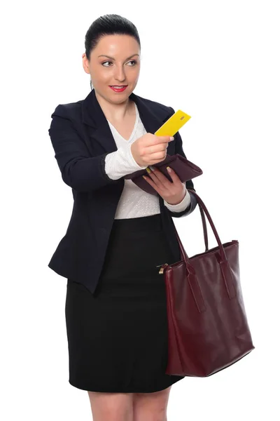 Schöne Geschäftsfrau Mit Brieftasche Und Kreditkarte Isoliert Auf Weißem Hintergrund — Stockfoto