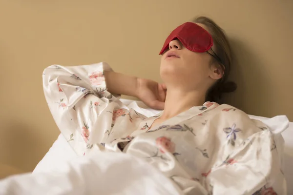 Tired Woman Sleeping Bed Wearing Blindfold Sleep Mask — Stock Photo, Image