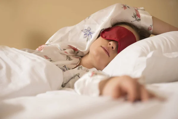 Tired Woman Sleeping Bed Wearing Blindfold Sleep Mask — Stock Photo, Image