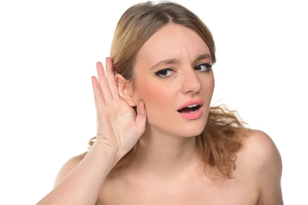 Schöne Blonde Frau Mit Der Handfläche Ohr Klatsch Konzept — Stockfoto