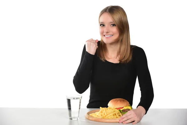 Retrato Uma Bela Jovem Que Vai Comer Hambúrguer Fundo Branco — Fotografia de Stock