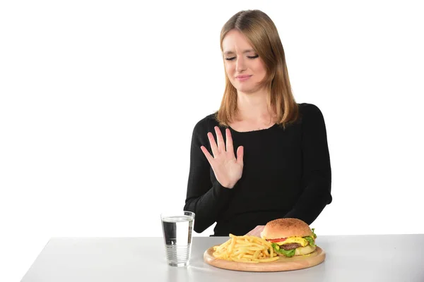 Porträt Eines Schönen Jungen Mädchens Das Auf Weißem Hintergrund Hamburger — Stockfoto