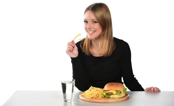 Portret Van Een Mooi Jong Meisje Gaan Hamburger Eten Witte — Stockfoto