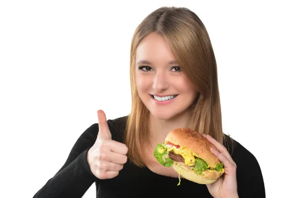 엄지손가락을 바탕에 햄버거를 여자의 초상화 — 스톡 사진