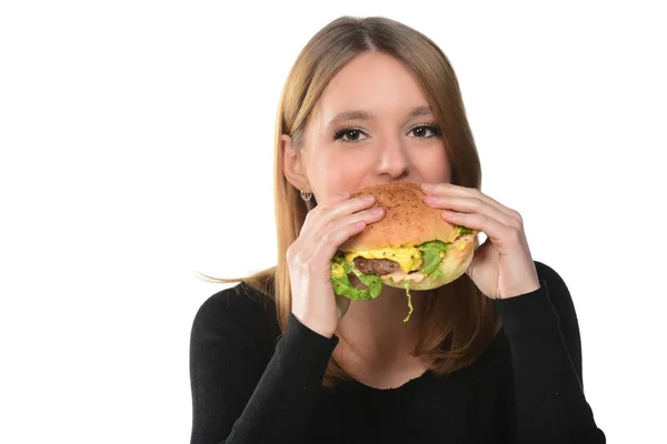 Portret Van Een Mooi Jong Meisje Een Hamburger Houden Witte — Stockfoto