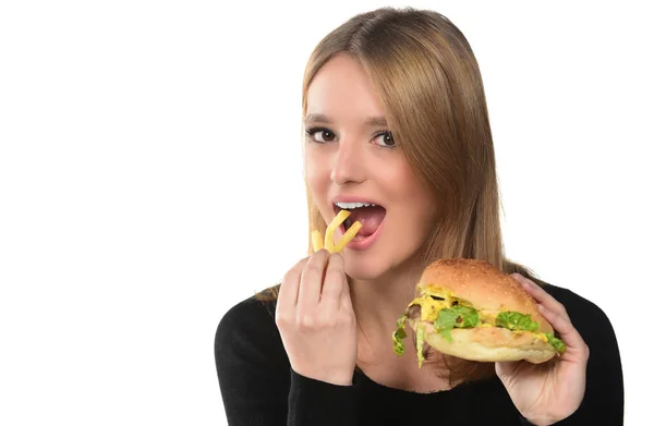 Портрет Красивої Молодої Дівчини Тримає Гамбургер Білому Тлі — стокове фото
