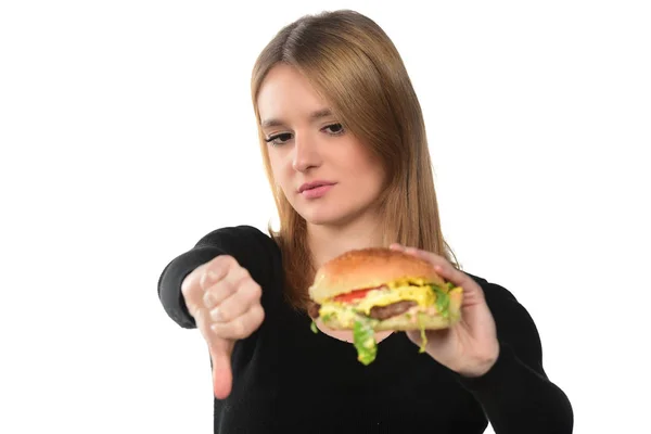 Portrait Une Belle Jeune Fille Tenant Hamburger Sur Fond Blanc — Photo
