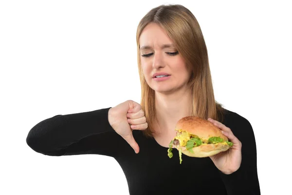 Portrait Beautiful Young Girl Holding Hamburger White Background — Stock Photo, Image