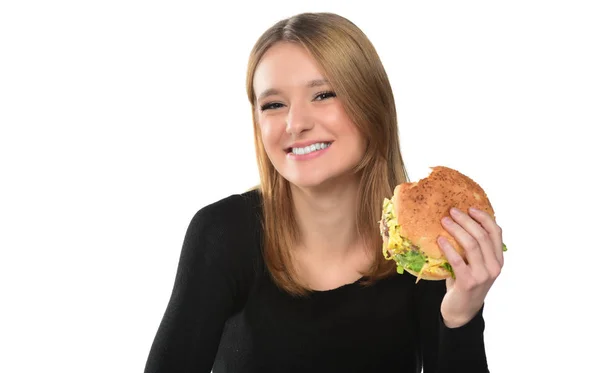바탕에 햄버거를 여자의 초상화 — 스톡 사진