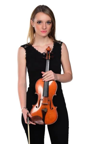 Menina Loira Natural Bonita Com Violino Isolado Branco — Fotografia de Stock