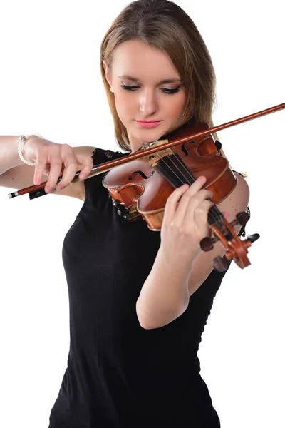 Beautiful Natural Blonde Girl Violin Isolated White — Stock Photo, Image