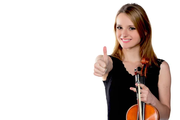 Menina Loira Natural Bonita Com Violino Isolado Branco — Fotografia de Stock