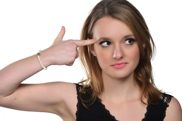 Portret Van Jonge Mooie Vrouw Wijzen Met Vinger Haar Hoofd — Stockfoto