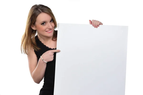 Portrait Young Beautiful Woman Holding White Blank Sign Showing Finger — Stock Photo, Image