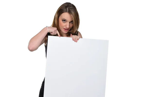 Portrait Young Beautiful Woman Holding White Blank Sign Showing Finger — Stock Photo, Image