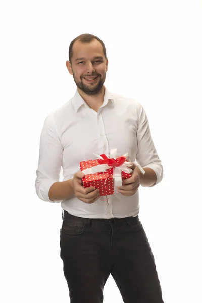 Jovem Homem Bonito Com Caixa Presente Isolado Fundo Branco — Fotografia de Stock